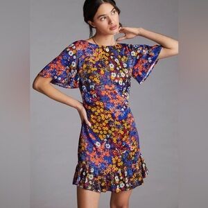 NWT! Anthropologie Size 4 • Floral Multicolor Short Sleeve Mini Dress.